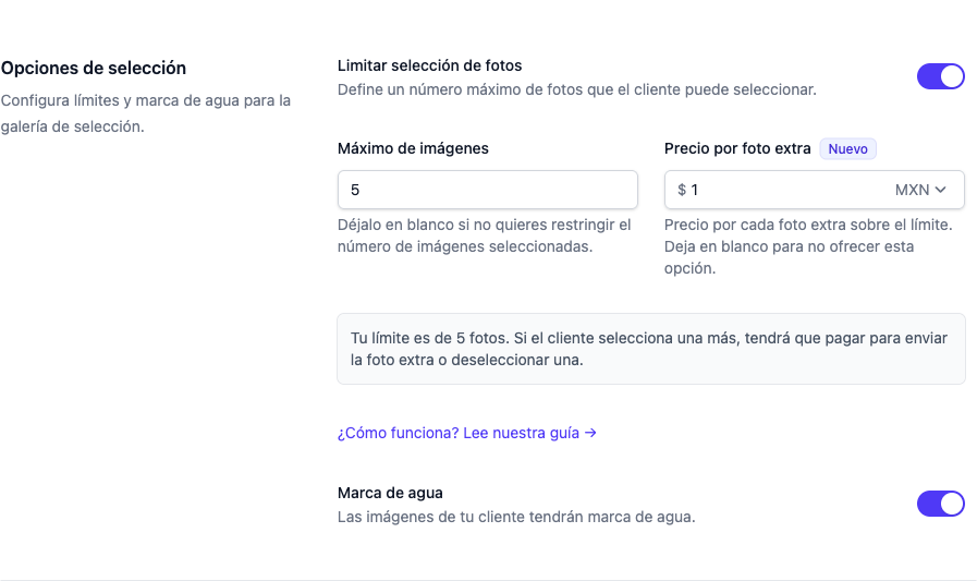 Configuración de límite de selección y precio por foto extra