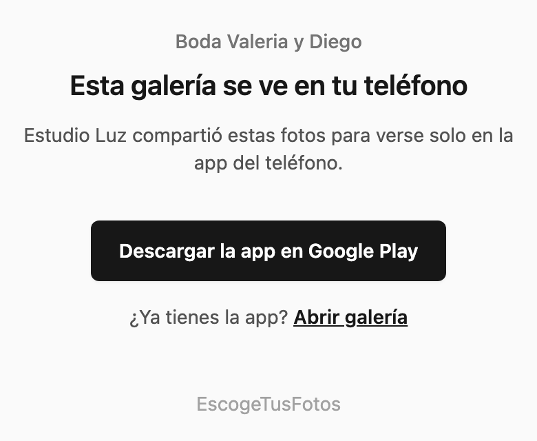 Galería solo en el teléfono abierta en Android, con el botón de Google Play