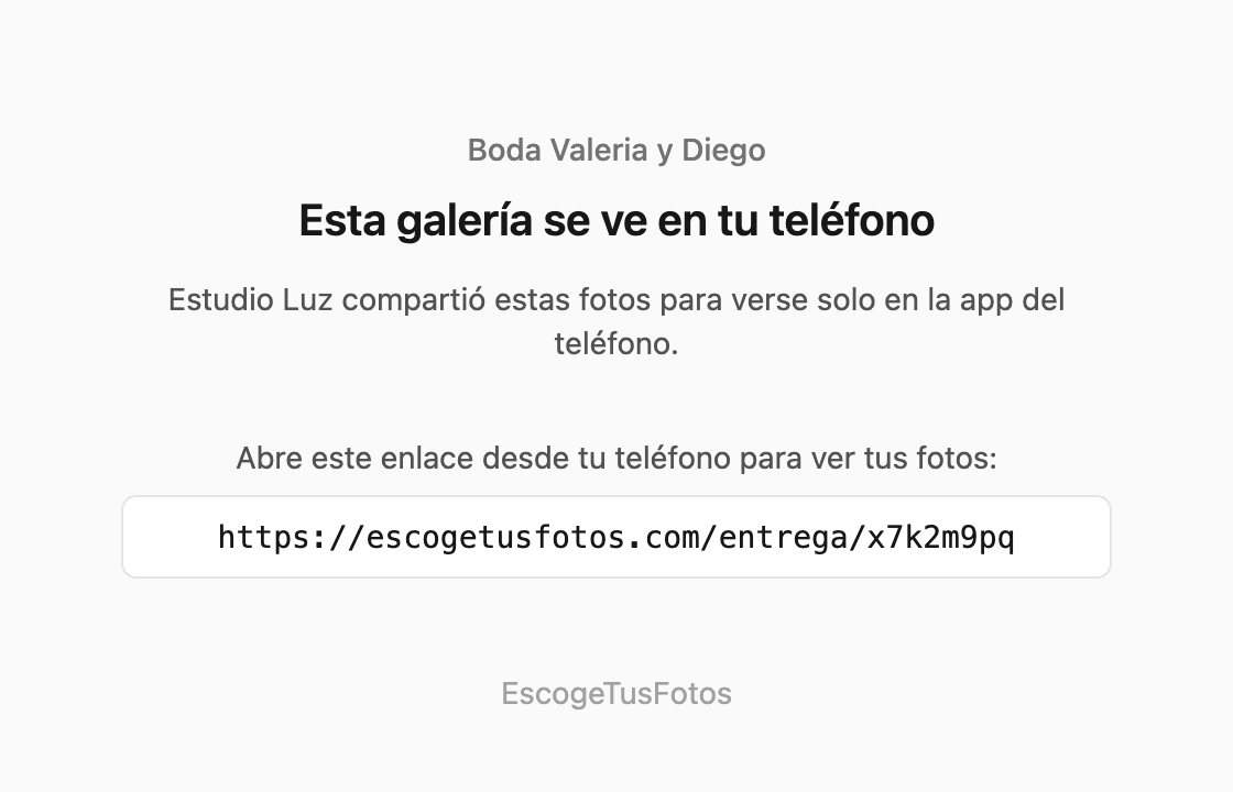 Galería solo en el teléfono abierta en una computadora, pidiendo abrir la liga en el teléfono